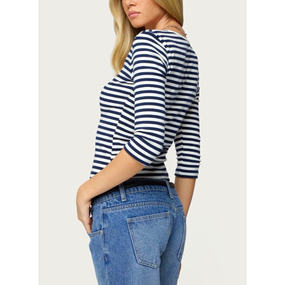 Michael Michael Kors Womens Navy/White Striped 3/4 Sleeve Scoop Neck Knit Sz L